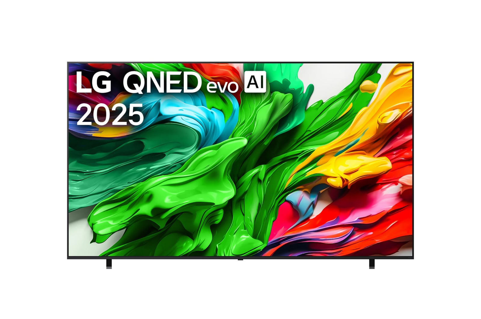Vista da frente do televisor LG QNED evo QNED85, logótipo do LG QNED evo Al no canto superior. O televisor LG QNED evo QNED85 apresenta texturas de pintura coloridas que se conjugam.