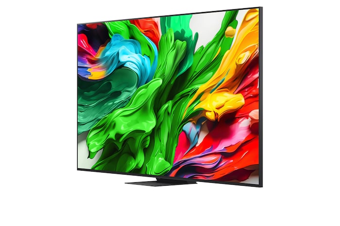 Vista da frente e vista lateral da LG QNED evo AI QNED85 4K Smart TV mostrando as suas dimensões de comprimento, largura, altura e profundidade.