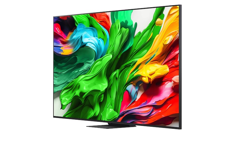 Vista da frente e vista lateral da LG QNED evo AI QNED85 4K Smart TV mostrando as suas dimensões de comprimento, largura, altura e profundidade.