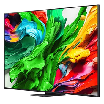 Vista da frente e vista lateral da LG QNED evo AI QNED85 4K Smart TV mostrando as suas dimensões de comprimento, largura, altura e profundidade.