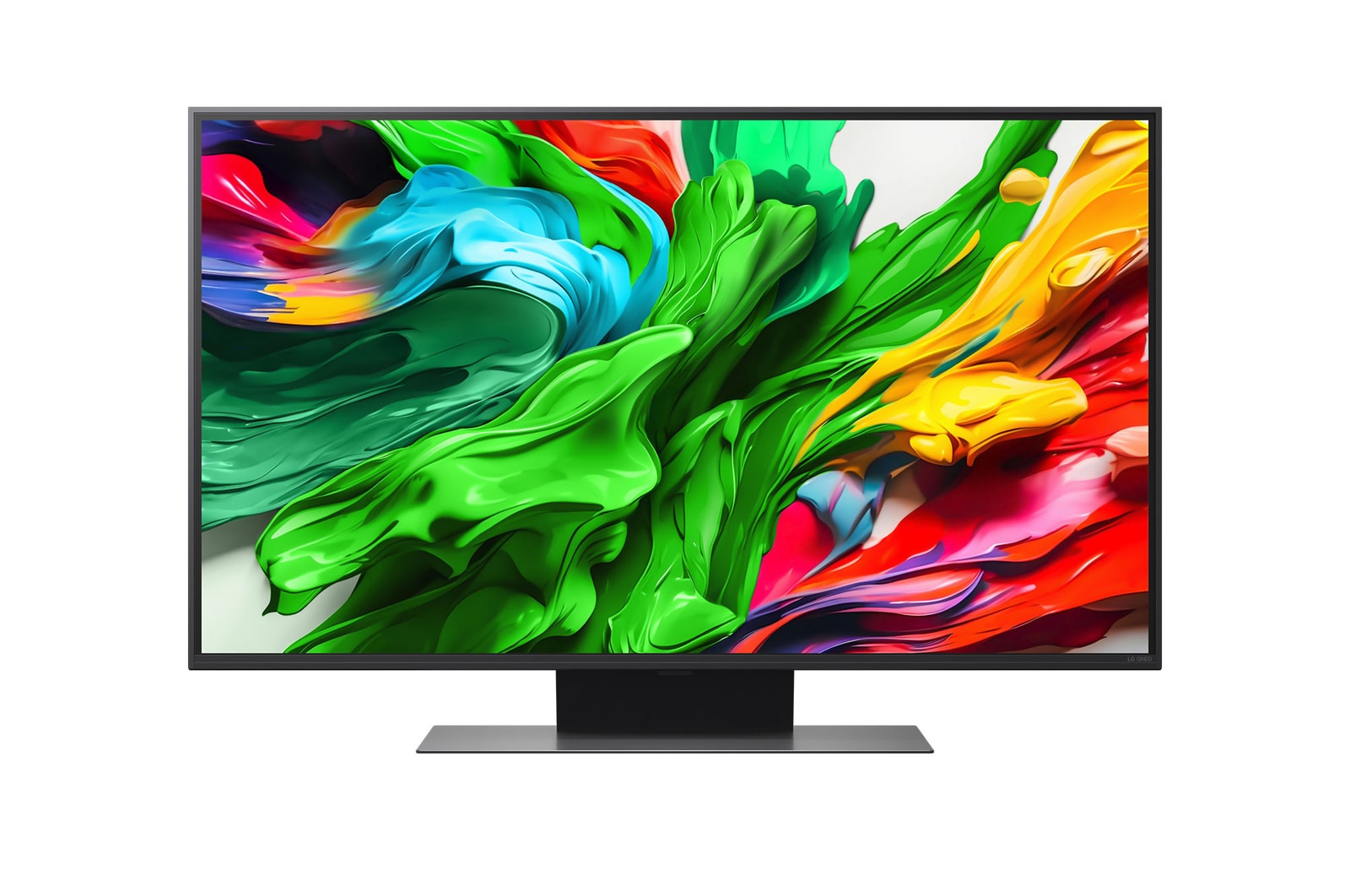 Vista da frente do televisor LG QNED evo QNED85, logótipo do LG QNED evo Al no canto superior. O televisor LG QNED evo QNED85 apresenta texturas de pintura coloridas que se conjugam.