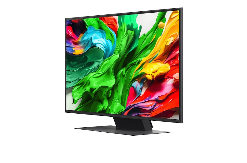 Vista da frente e vista lateral da LG QNED evo AI QNED85 4K Smart TV mostrando as suas dimensões de comprimento, largura, altura e profundidade.