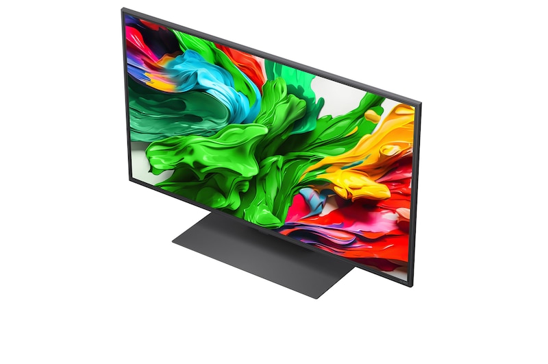 Salpicos de tinta explodem de cima para baixo em diversas cores. Certificação Intertrek para um volume de cores a 100 % para DCI-P3. O título fala da nova e única tecnologia de ampla gama de cores da LG que lhe permite ver cores vívidas no seu ecrã.