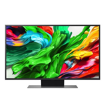 Vista da frente do televisor LG QNED evo QNED85, logótipo do LG QNED evo Al no canto superior. O televisor LG QNED evo QNED85 apresenta texturas de pintura coloridas que se conjugam.