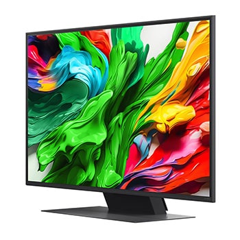 Vista da frente e vista lateral da LG QNED evo AI QNED85 4K Smart TV mostrando as suas dimensões de comprimento, largura, altura e profundidade.