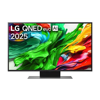 Vista da frente do televisor LG QNED evo QNED85, logótipo do LG QNED evo Al no canto superior. O televisor LG QNED evo QNED85 apresenta texturas de pintura coloridas que se conjugam.