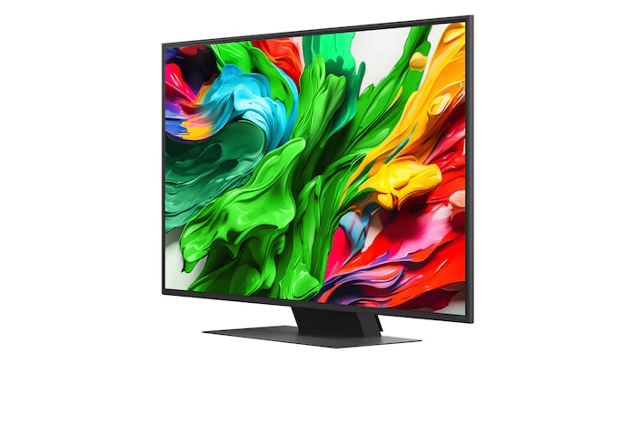 Vista da frente e vista lateral do LG QNED AI QNED80 4K Smart TV com as dimensões de comprimento, largura, altura e profundidade.