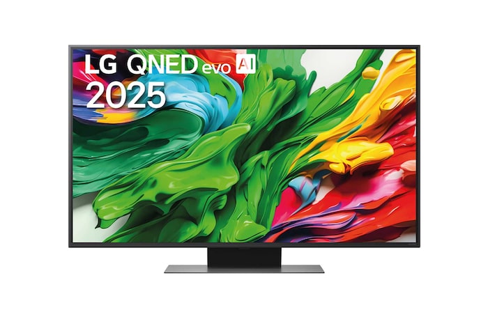 Vista da frente do televisor LG QNED80, logótipo LG QNED Al no canto superior. A LG QNED TV apresenta texturas coloridas de pinturas a juntarem-se.