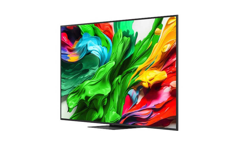 Vista da frente e vista lateral do LG QNED AI QNED85 4K Smart TV com as dimensões de comprimento, largura, altura e profundidade.