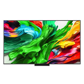 Vista da frente do televisor LG QNED evo QNED85, logótipo do LG QNED evo Al no canto superior. O televisor LG QNED evo QNED85 apresenta texturas de pintura coloridas que se conjugam.