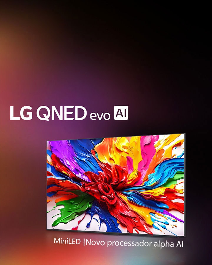LG QNED TV sobre um fundo escuro colorido. O ecrã apresenta uma obra de arte brilhante e colorida que mostra a tecnologia de cor QNED e a capacidade de apresentar um vasto espetro de tonalidades com grande contraste. Pode ver-se o novo logótipo LG QNED evo AI. Com legendas que destacam o MiniLED da QNED e o novo processador alpha AI. O título diz: Cada cor foi redefinida e uma nova experiência começa.