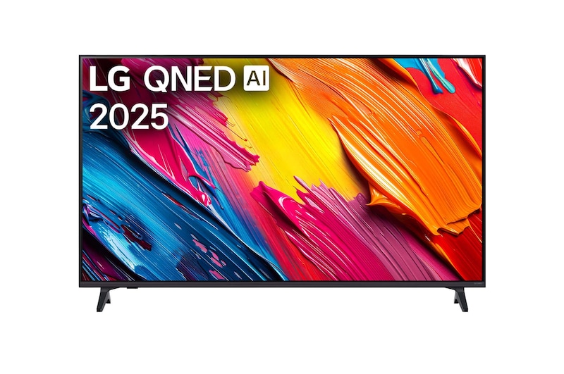Vista da frente da TV LG QNED70, logótipo LG QNED Al no canto superior. A LG QNED TV apresenta texturas coloridas de pinturas a juntarem-se.
