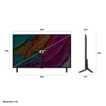 Vista da frente e vista lateral do LG QNED AI QNED80 4K Smart TV com as dimensões de comprimento, largura, altura e profundidade.