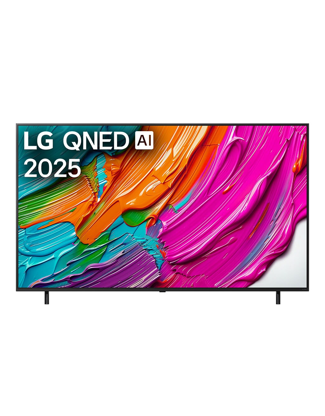 Vista da frente do televisor LG QNED8E, logótipo LG QNED Al no canto superior. A LG QNED TV apresenta texturas coloridas de pinturas a juntarem-se.