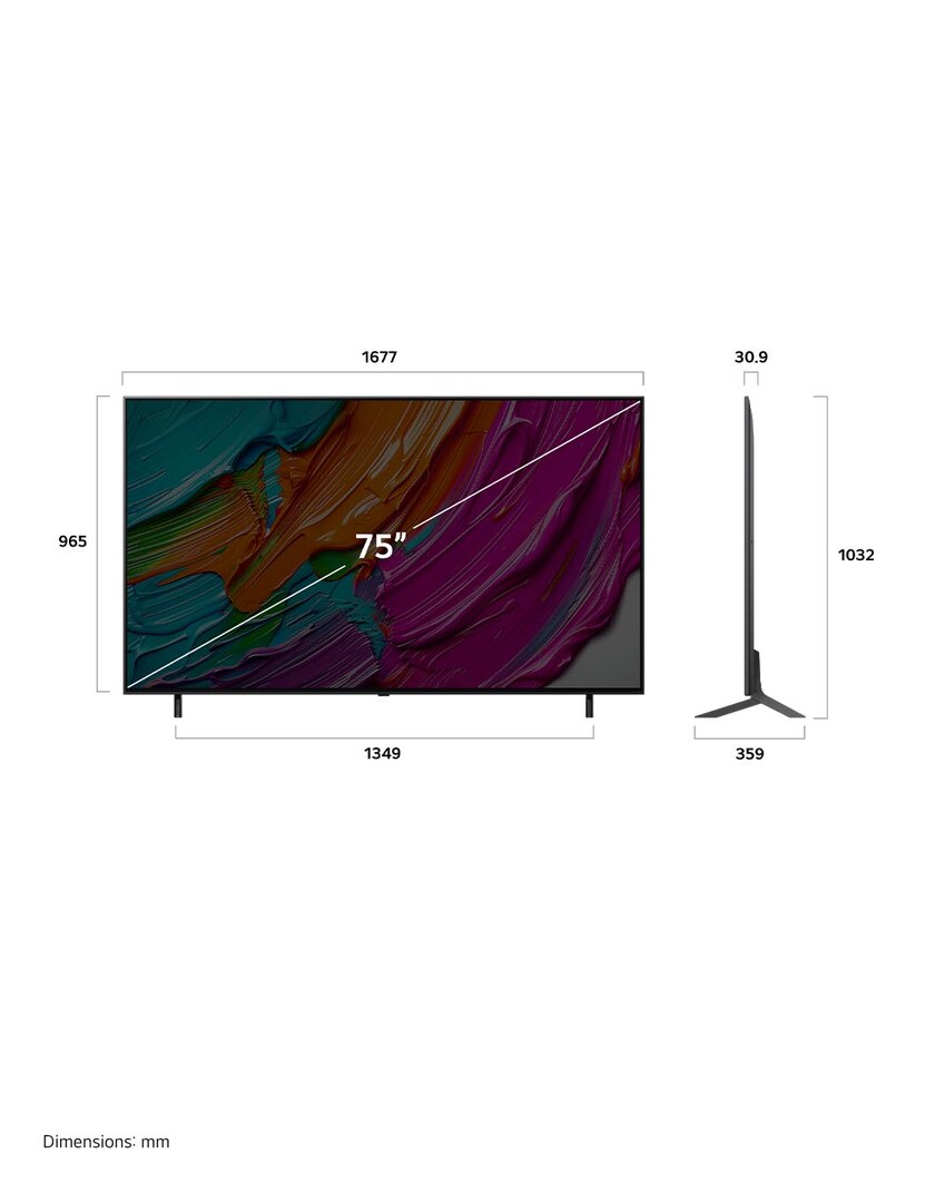 Vista da frente e vista lateral do LG QNED AI QNED80 4K Smart TV com as dimensões de comprimento, largura, altura e profundidade.