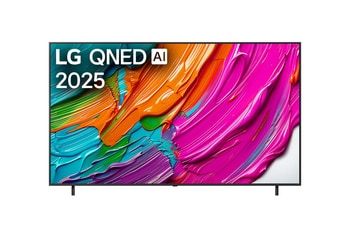 Vista da frente do televisor LG QNED8E, logótipo LG QNED Al no canto superior. A LG QNED TV apresenta texturas coloridas de pinturas a juntarem-se.