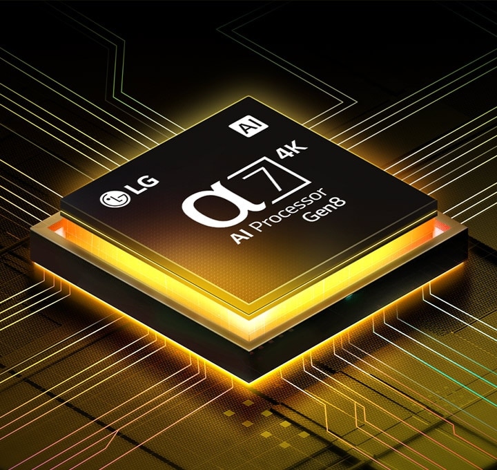 O processador alpha 7 IA de 8.ª geração acende a amarelo e raios coloridos de luz saem do mesmo.