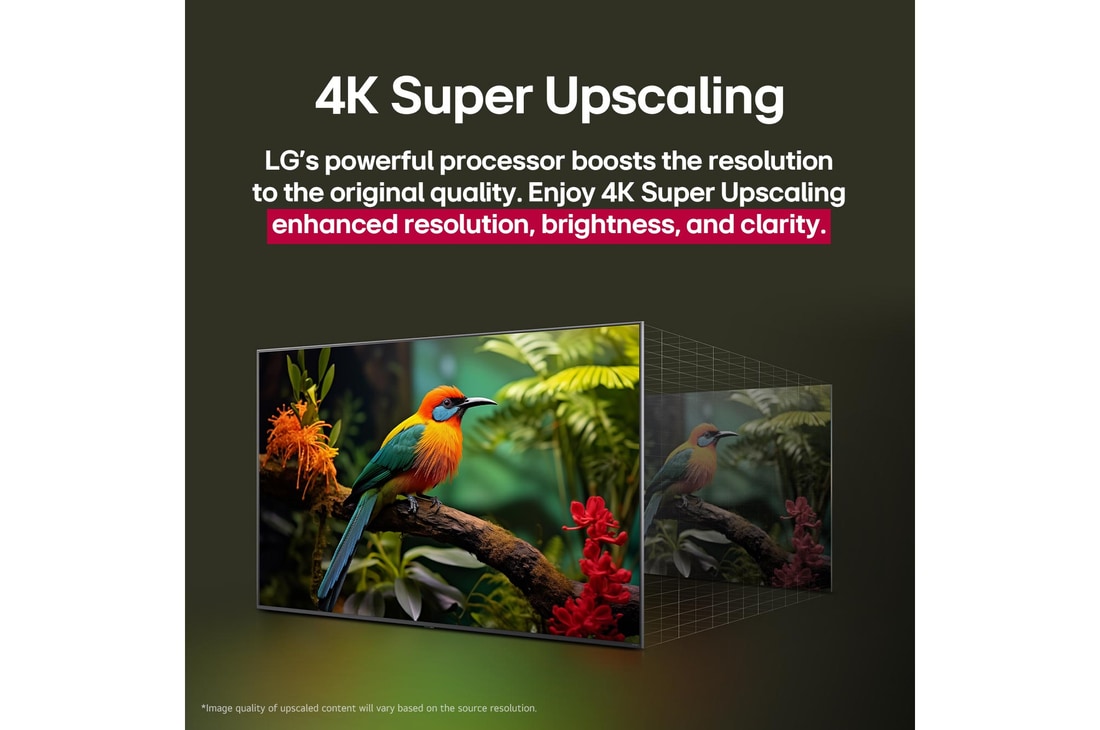 Comparação antes e depois de como o LG 4K Super Upscaling melhora a qualidade da imagem. Dois painéis mostrando a mesma imagem de um pássaro colorido num ramo na floresta, o painel da direita está desvanecido. O título menciona como o 4K Super Upscaling melhora a resolução, a luminosidade e a nitidez.