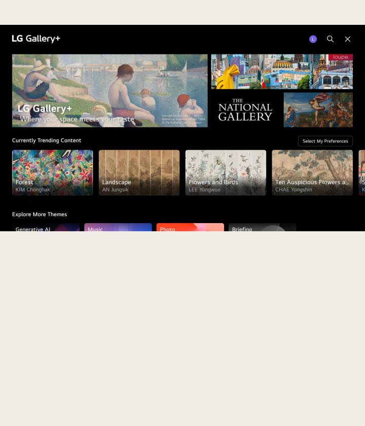 A partir do ecrã inicial de uma LG TV, é apresentado o processo de definição das suas preferências para obter conteúdos com curadoria automática. Desde a escolha entre diferentes tipos de conteúdos até à receção do perfil personalizado. 