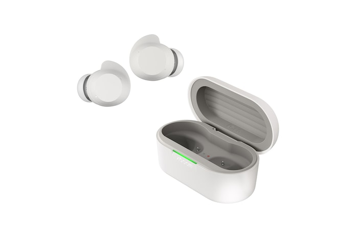 vista traseira do estojo de carregamento com os auriculares de parte