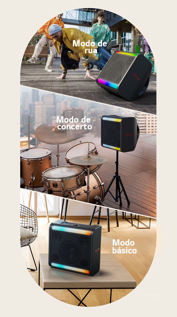 À esquerda, o xboom Stage 301 está no chão à frente de pessoas a dançar. Na parte do meio, o xboom Stage 301 está colocado no seu suporte ao lado de uma bateria. À direita, o xboom Stage 301 está sobre uma mesa de uma sala de estar.