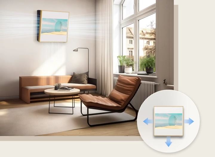 By dispersing cool air through the left, right, and bottom of the frame, providing a refreshing breeze in every inch of your room.