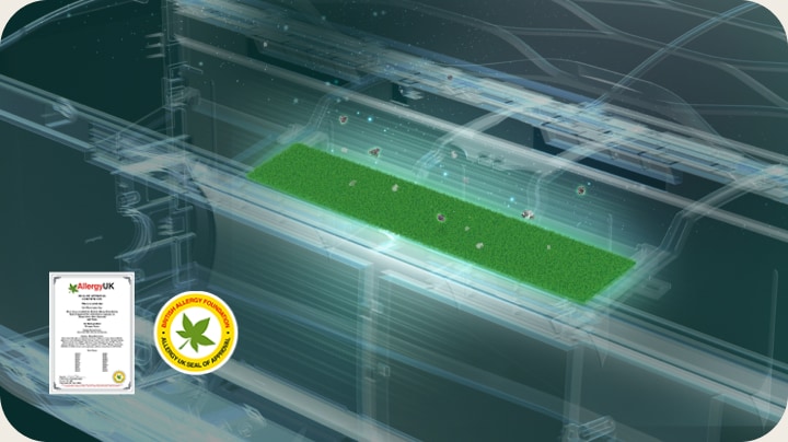 Ar condicionado com filtro anti-alérgico que captura partículas, exibindo a certificação e selo da Allergy UK.