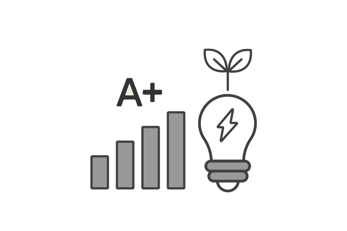 Lâmpada acesa e gráfico com etiqueta ErP A+ simbolizam eficiência energética e alto desempenho energético.
