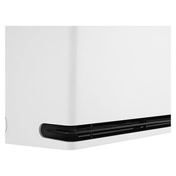 Left low-angle front view of LG ai air conditioner with open lower vane