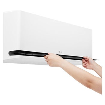 Angled top-front view of LG ai air conditioner with its top panel and grille visible