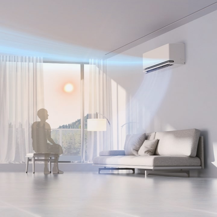 Ar condicionado LG numa sala que usa sensor de radar para ajustar o fluxo de ar com base na temperatura da sala