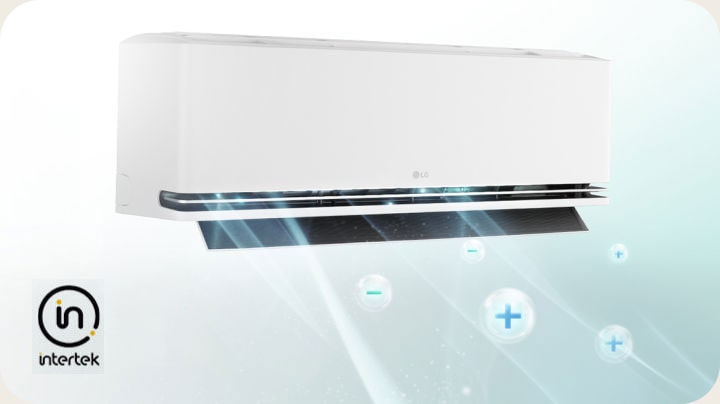 Ar condicionado branco de parede a destacar a função ionizador, com os logótipos da TÜV Rheinland e Intertek.