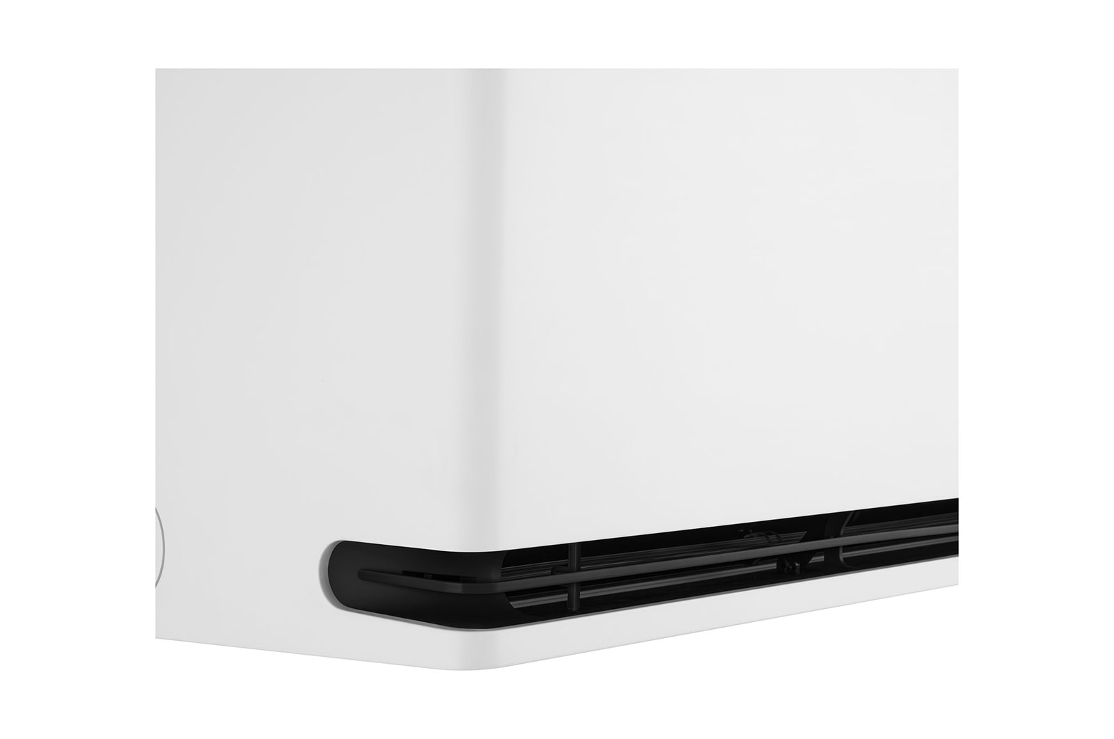 Left low-angle front view of LG ai air conditioner with open lower vane