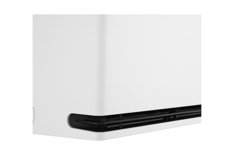 Left low-angle front view of LG ai air conditioner with open lower vane
