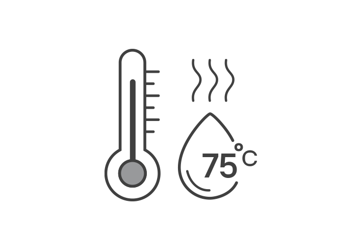 Um termómetro é apresentado à esquerda, com água quente à frente e uma etiqueta com a indicação 75 °C claramente visível à direita.