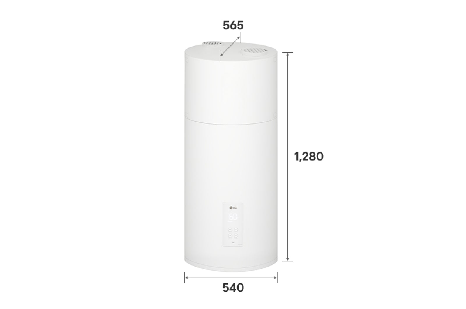 O exterior da bomba de calor para aquecimento de água da LG (WH10ESF0.FA) com as dimensões indicadas. Mede 540 mm × 1280 mm × 565 mm.