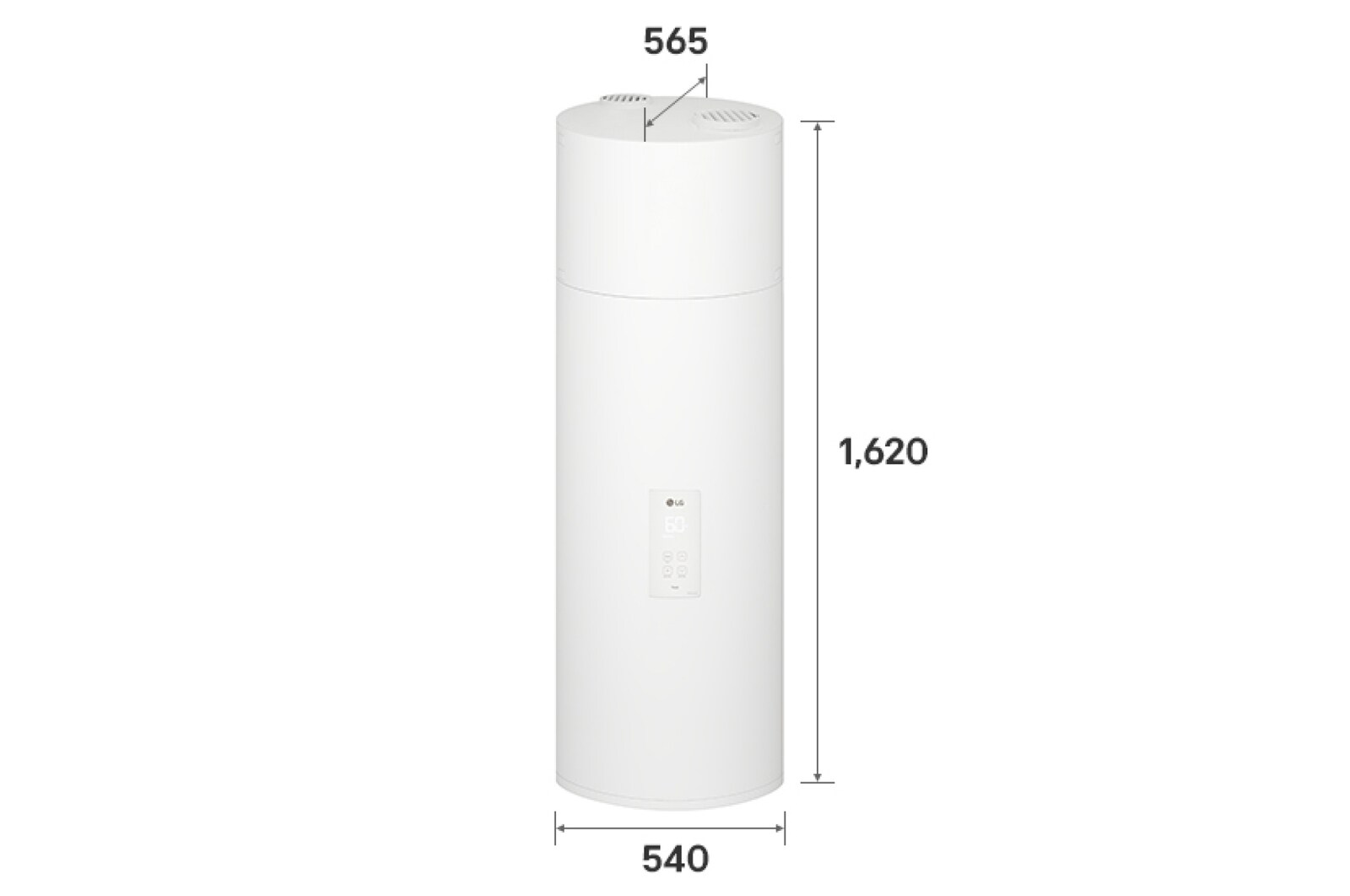 O exterior da bomba de calor para aquecimento de água da LG (WH15ESF0.FA) com as dimensões indicadas. Mede 540 mm × 1620 mm × 565 mm.