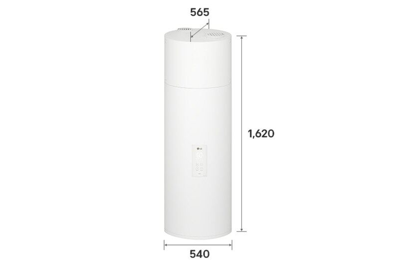 O exterior da bomba de calor para aquecimento de água da LG (WH15ESF0.FA) com as dimensões indicadas. Mede 540 mm × 1620 mm × 565 mm.