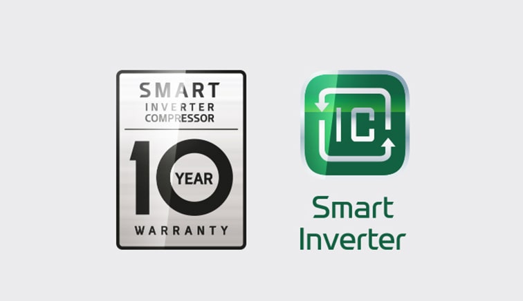 Logótipos do Smart Inverter Compressor e da garantia de 10 anos