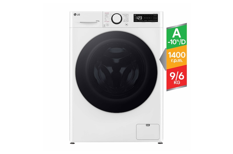 Vista frontal de Máquina de lavar roupa LG F4DR509S1W, 9/6 kg, eficiência energética A-10%/D, 1400 r.p.m., AI DD™, Steam™, branco