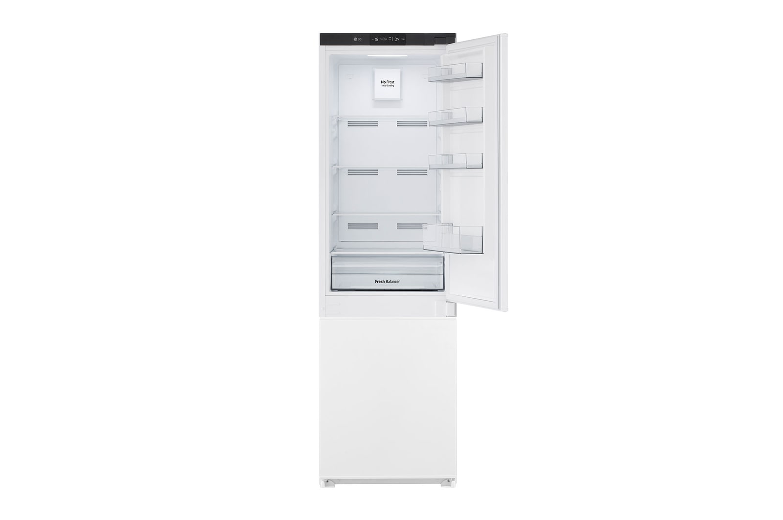 Vista geral do interior do Frigorífico Combinado de Encastre Branco com 233l, No Frost Total e Gaveta Para Vegetais Frescos