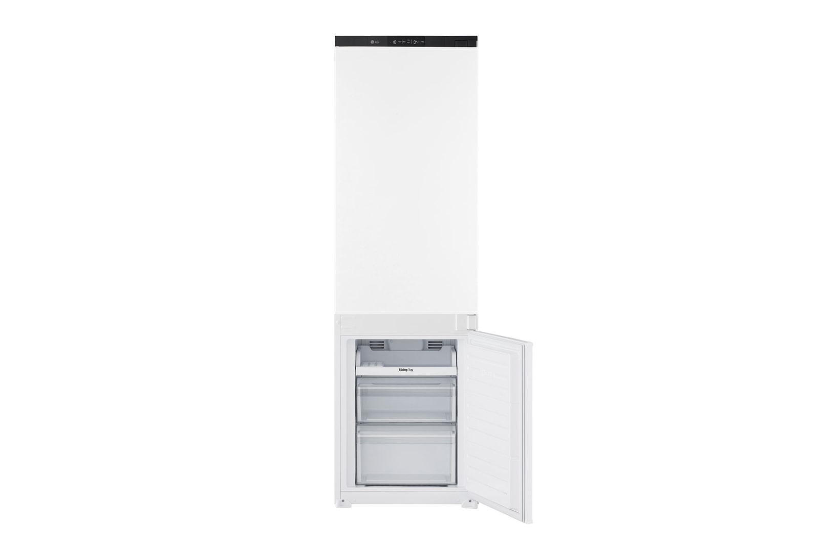 Vista geral do interior do Frigorífico Combinado de Encastre Branco com 233l, No Frost Total e Gaveta Para Vegetais Frescos