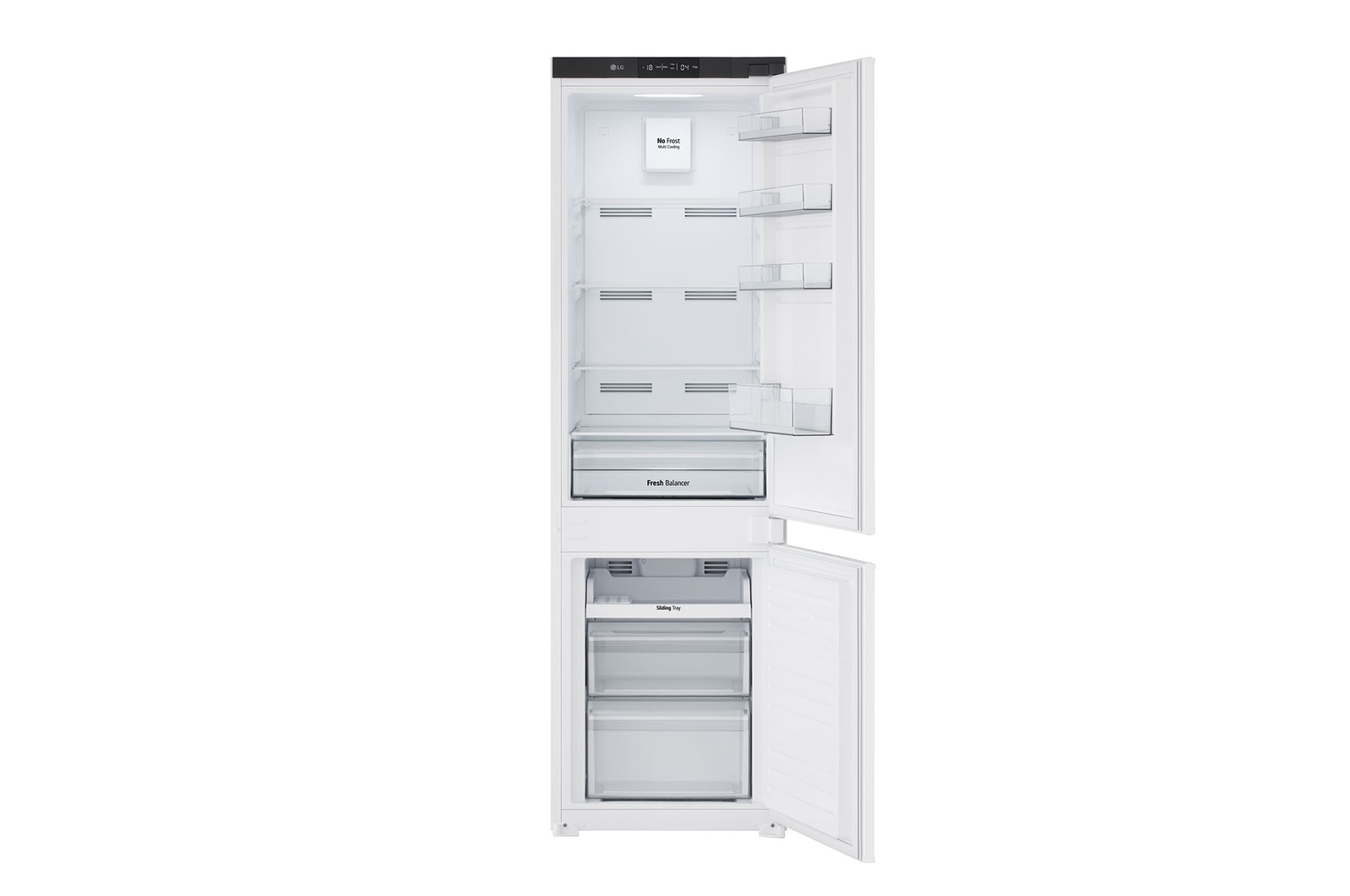 Vista frontal aberta do Frigorífico Combinado de Encastre Branco com 233l, No Frost Total e Gaveta Para Vegetais Frescos
