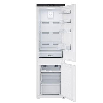 Vista frontal aberta do Frigorífico Combinado de Encastre Branco com 233l, No Frost Total e Gaveta Para Vegetais Frescos