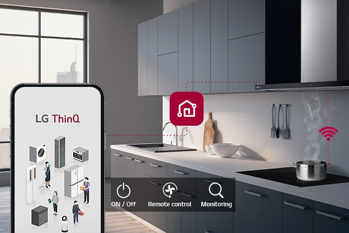 Imagem de um exaustor e um smartphone conectados através do LG ThinQ. Existe um ícone que expressa as funções do ThinQ, Ligar/Desligar, Controlo Remoto e Monitorização.