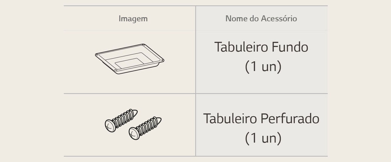 Imagem dos acessórios do forno: Tabuleiro Fundo, Tabuleiro Perfurado.
