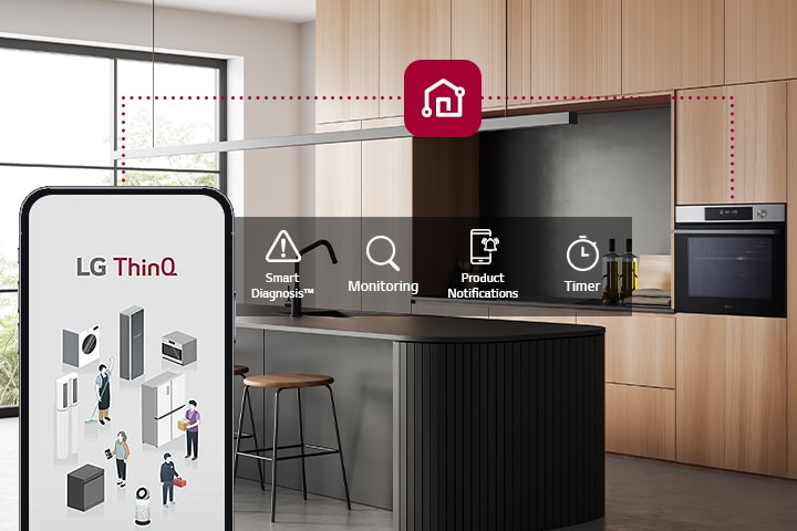 Imagem de um forno e de um smartphone conectados através da aplicação THinQ™. Existe um ícone que mostra funções da app ThinQ™, tais como diagnóstico inteligente, monitorização, notificações do produto, temporizador.