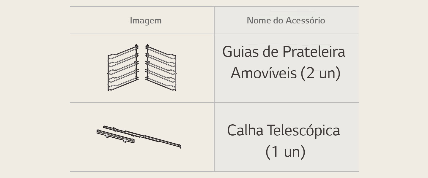 Imagem dos acessórios do forno: Guias de Prateleira Amovíveis e Calha Telescópica.