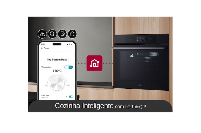 ThinQ_The oven and mobile are connected by the ThinQ logo. There are icons on the mobile that express ThinQ functions.