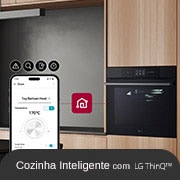 ThinQ_The oven and mobile are connected by the ThinQ logo. There are icons on the mobile that express ThinQ functions.